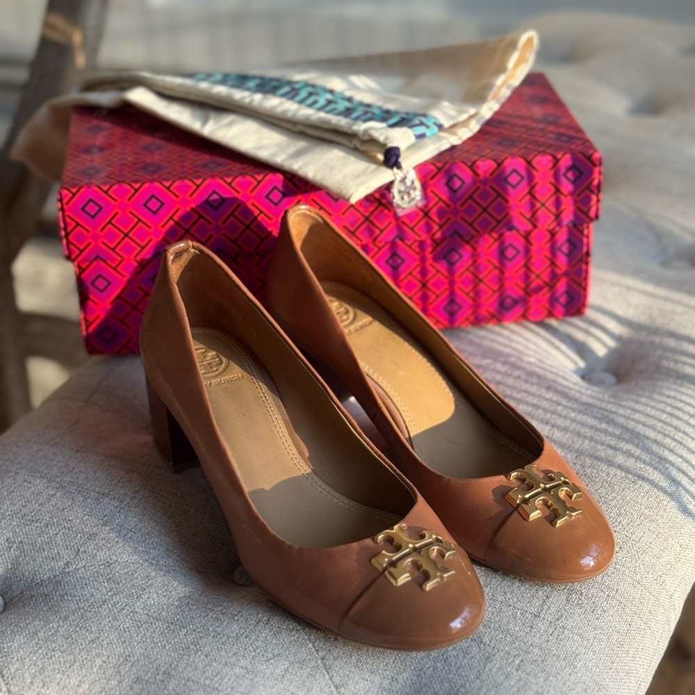 Tory Burch Raleigh Cap Toe Leather Heels with Gold Accent